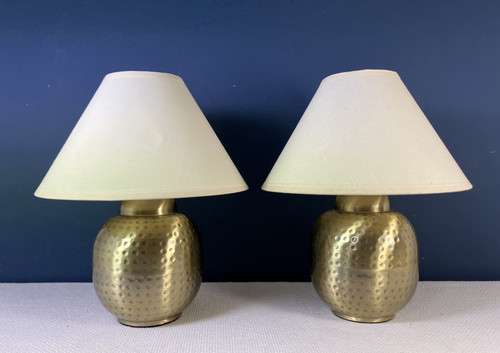 Pair hammered brass table - hammered,